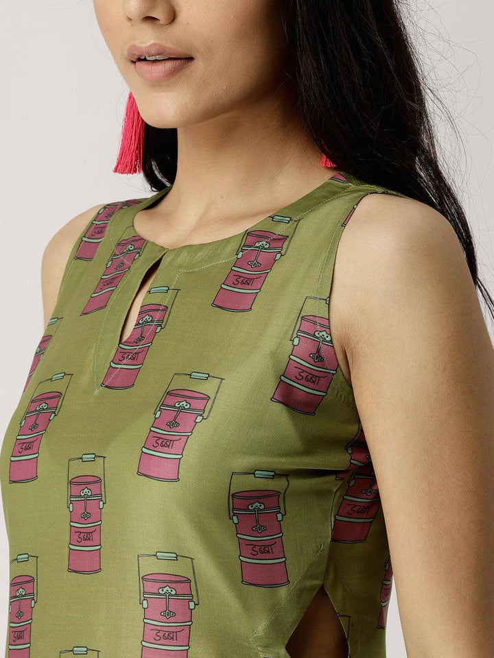 Olive Green Printed Silk Dress - ShopLibas