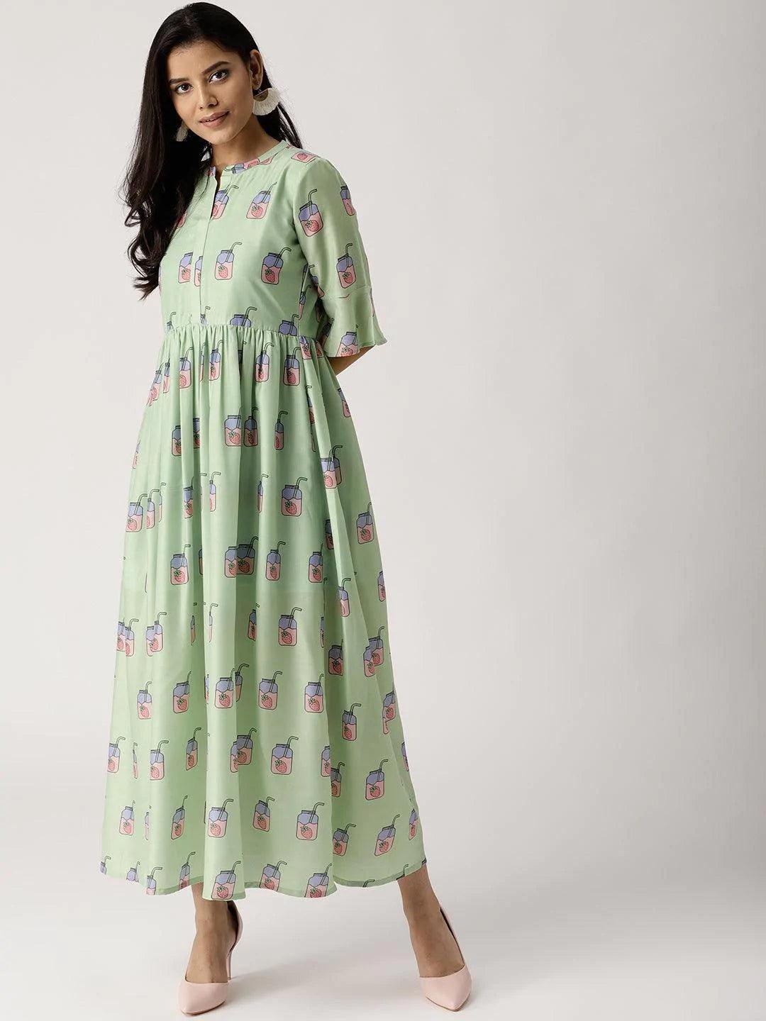 Green Printed Silk Dress