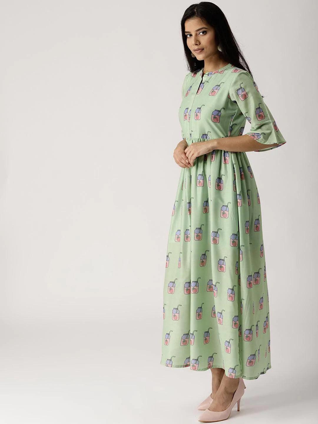 Green Printed Silk Dress