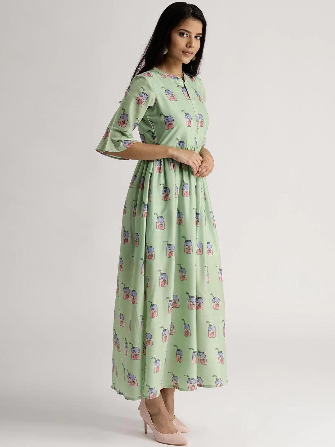 Green Printed Silk Dress