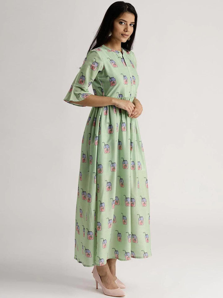 Green Printed Silk Dress - ShopLibas