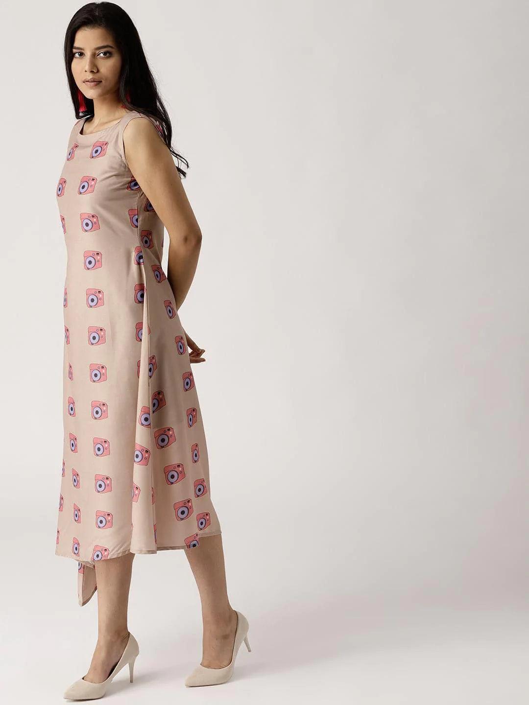 Beige Printed Silk Dress - ShopLibas