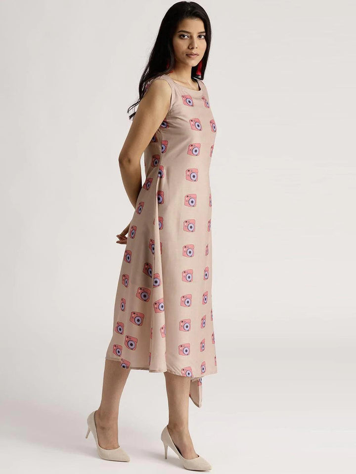 Beige Printed Silk Dress - ShopLibas