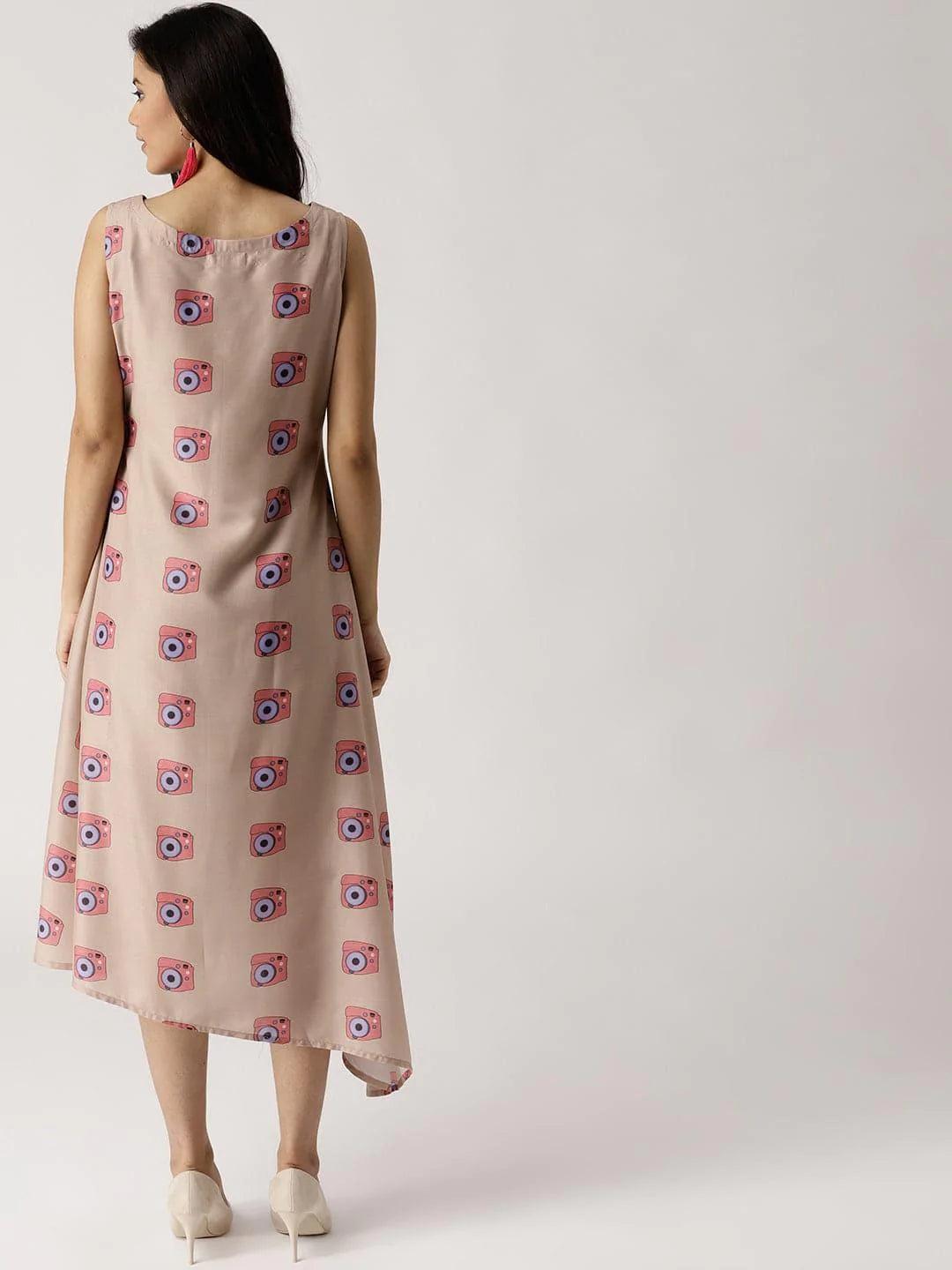 Beige Printed Silk Dress