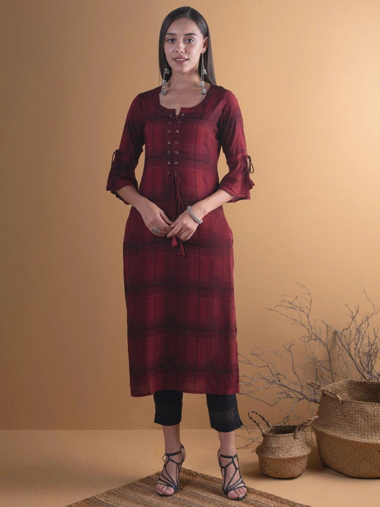 Maroon Checkered Rayon Kurta