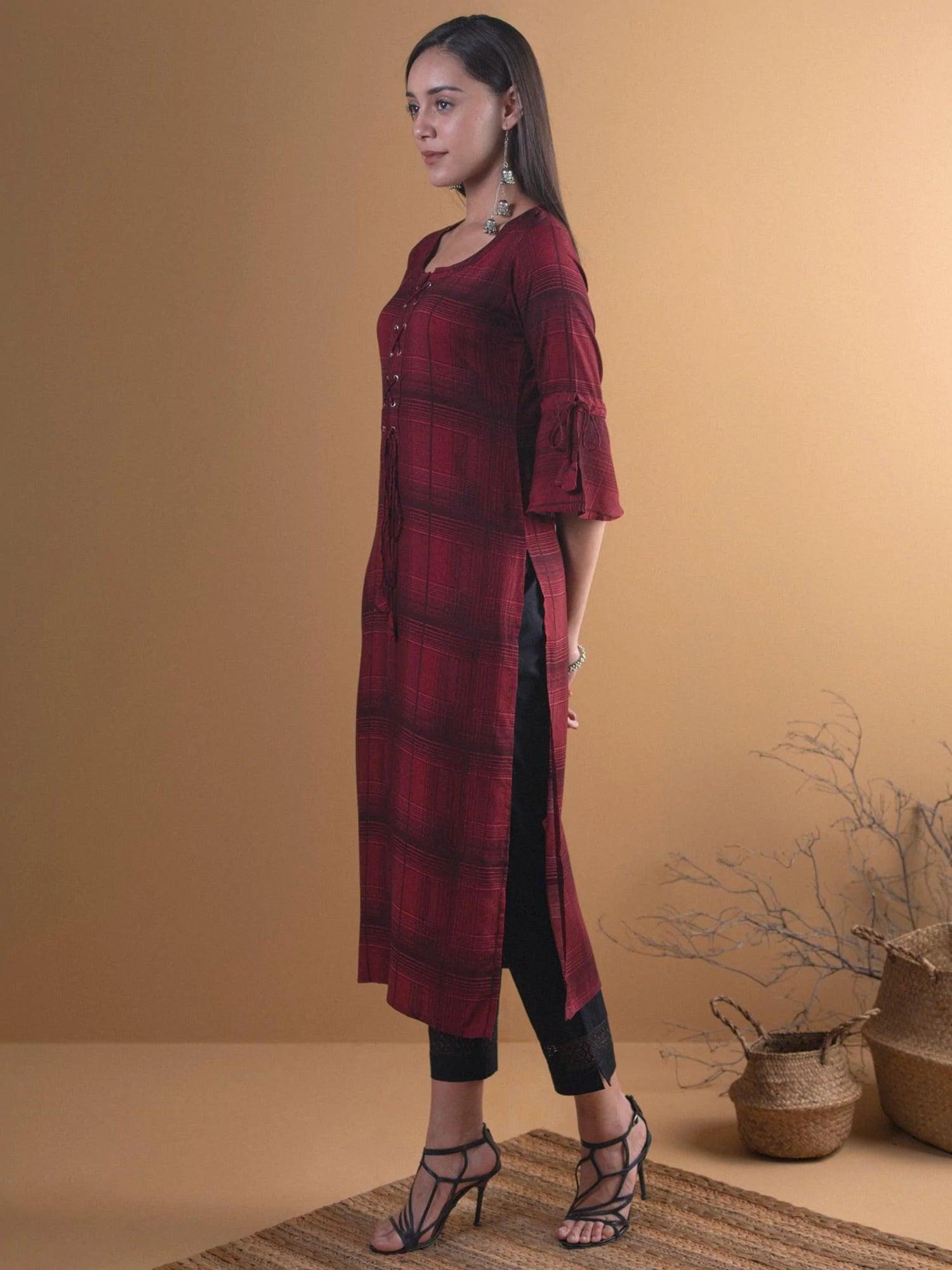 Maroon Checkered Rayon Kurta