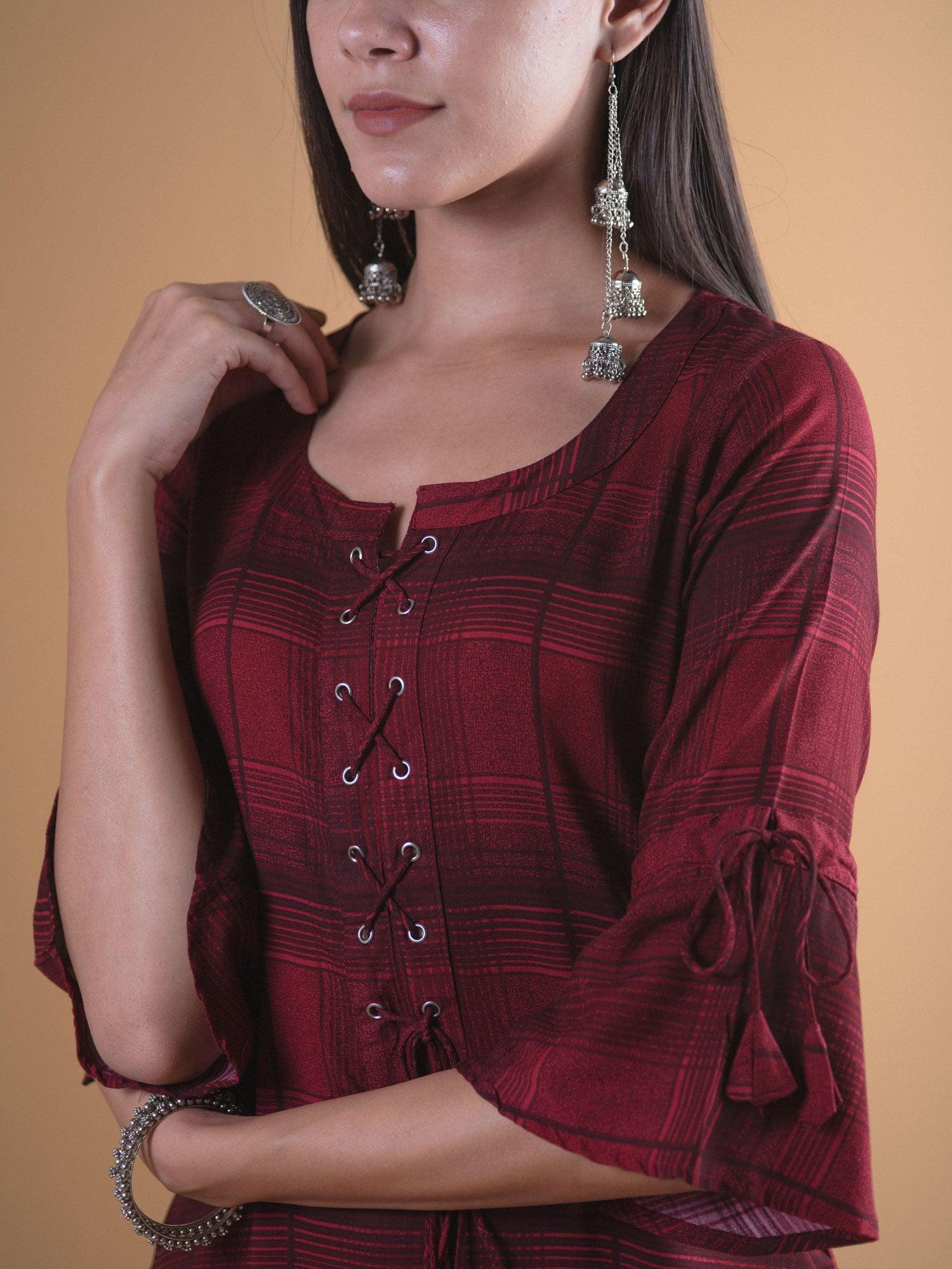 Maroon Checkered Rayon Kurta