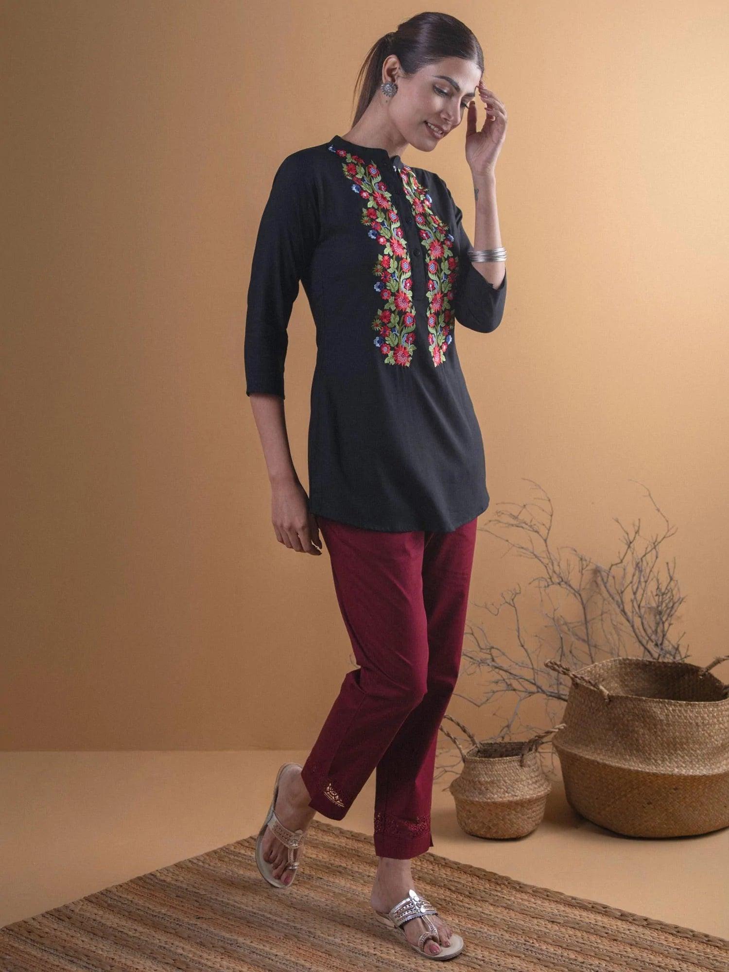 Black Embroidered Rayon Kurta