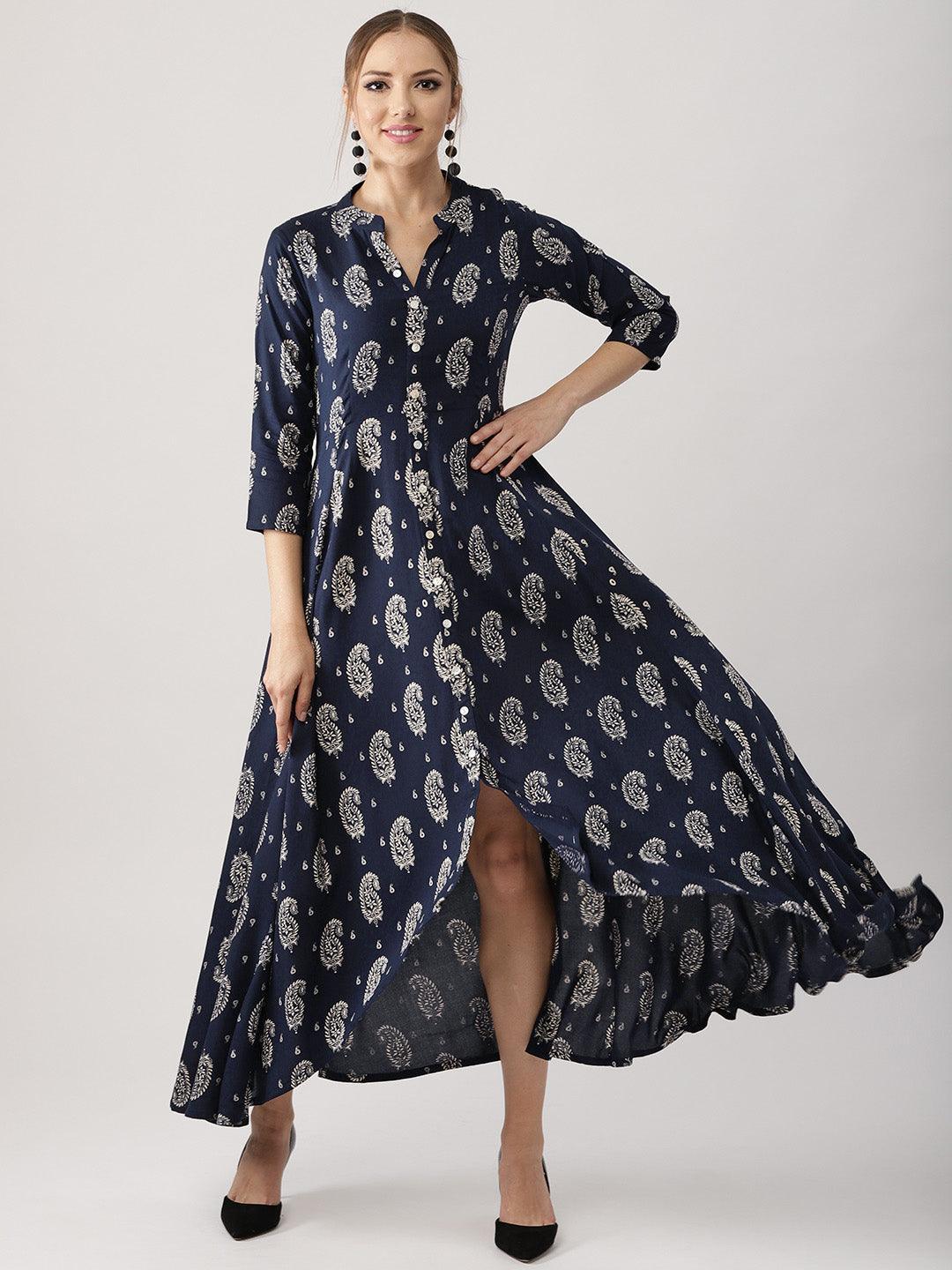 Blue Printed Rayon Dress