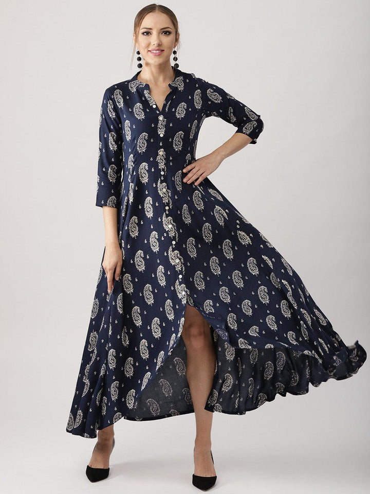 Blue Printed Rayon Dress - ShopLibas