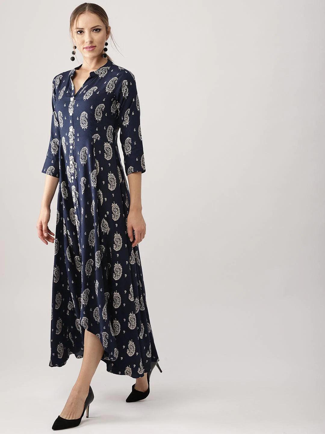 Blue Printed Rayon Dress