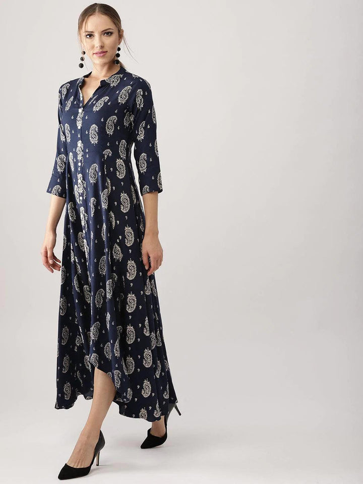 Blue Printed Rayon Dress - ShopLibas