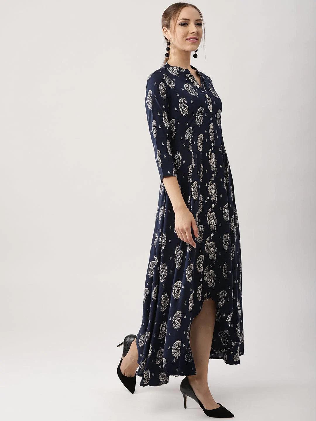 Blue Printed Rayon Dress - ShopLibas