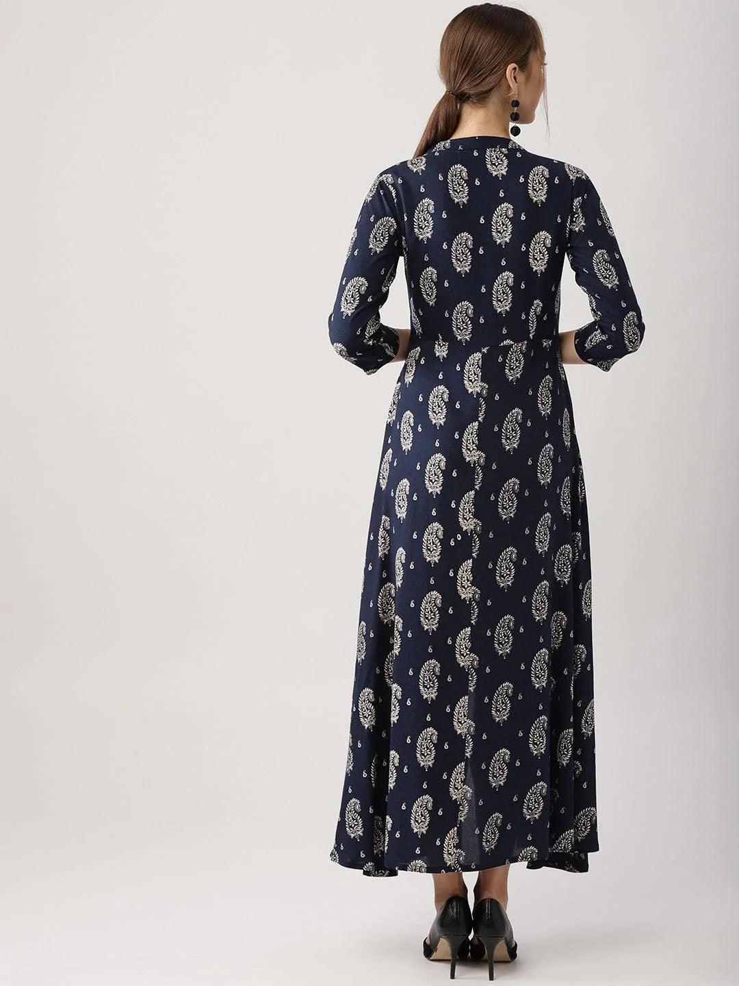 Blue Printed Rayon Dress - ShopLibas