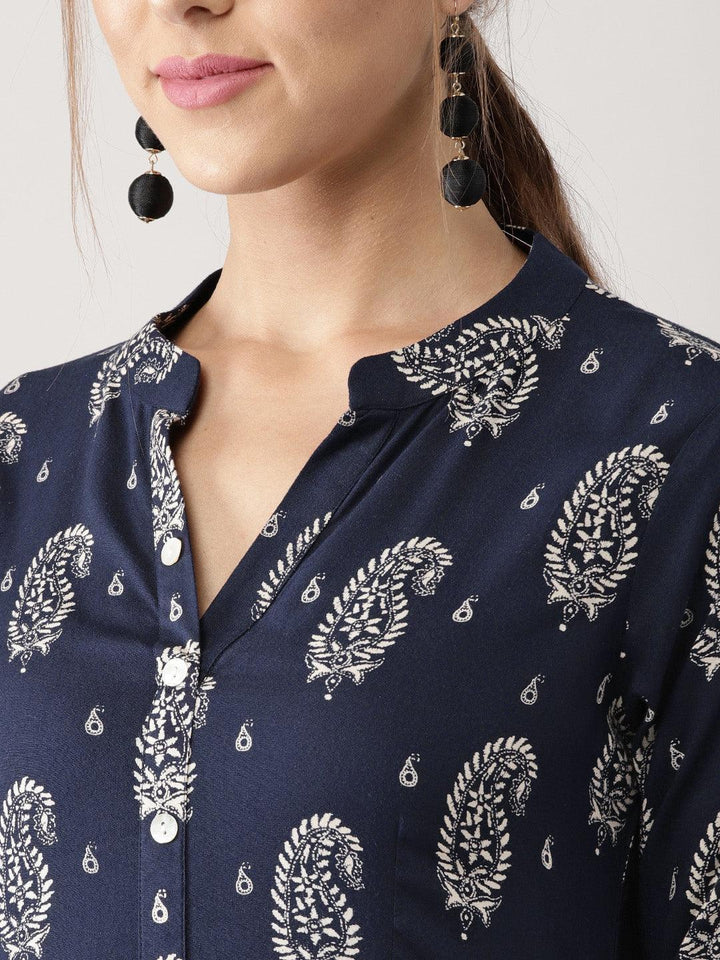 Blue Printed Rayon Dress - ShopLibas