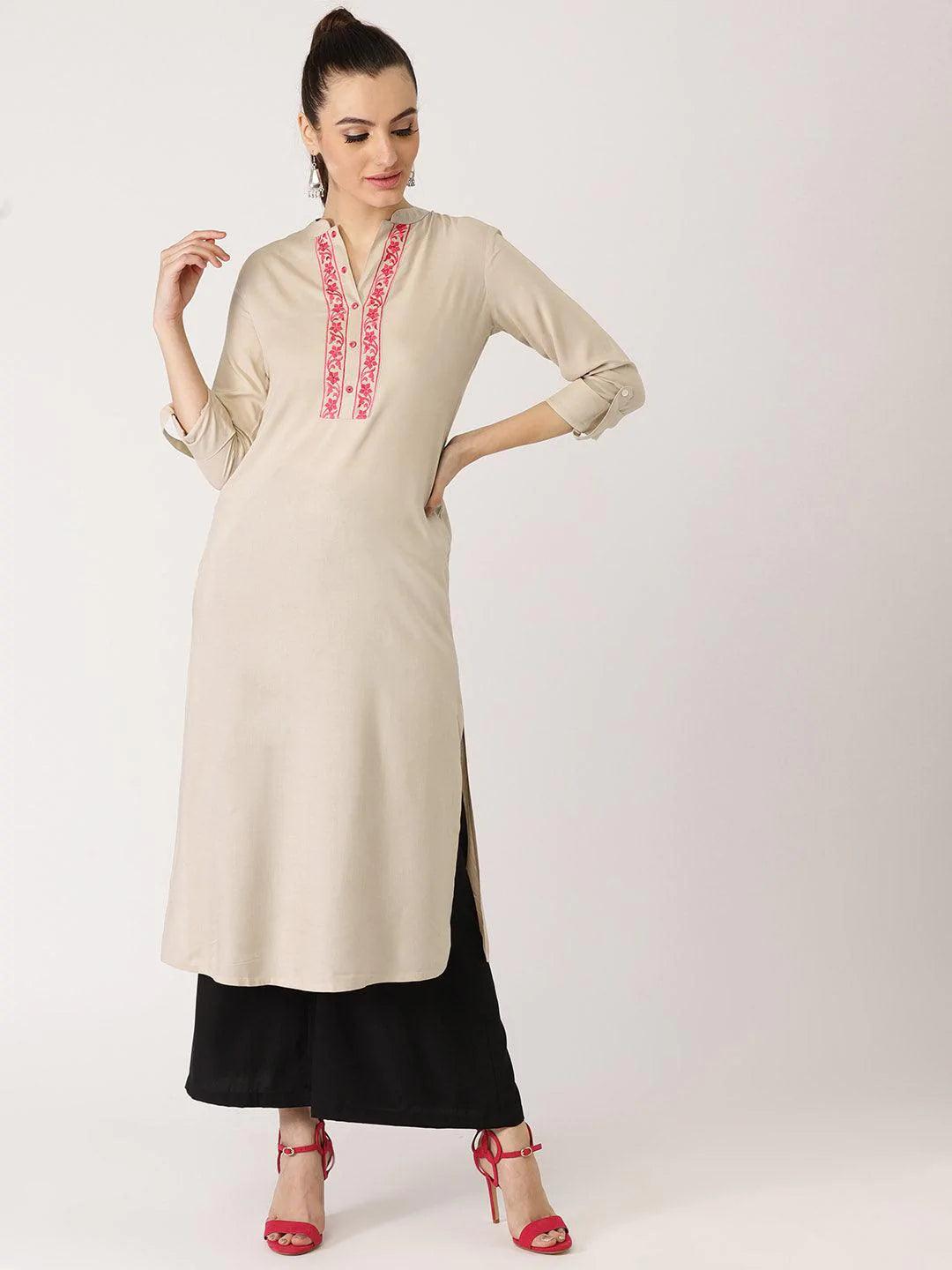 Beige Solid Rayon Kurta