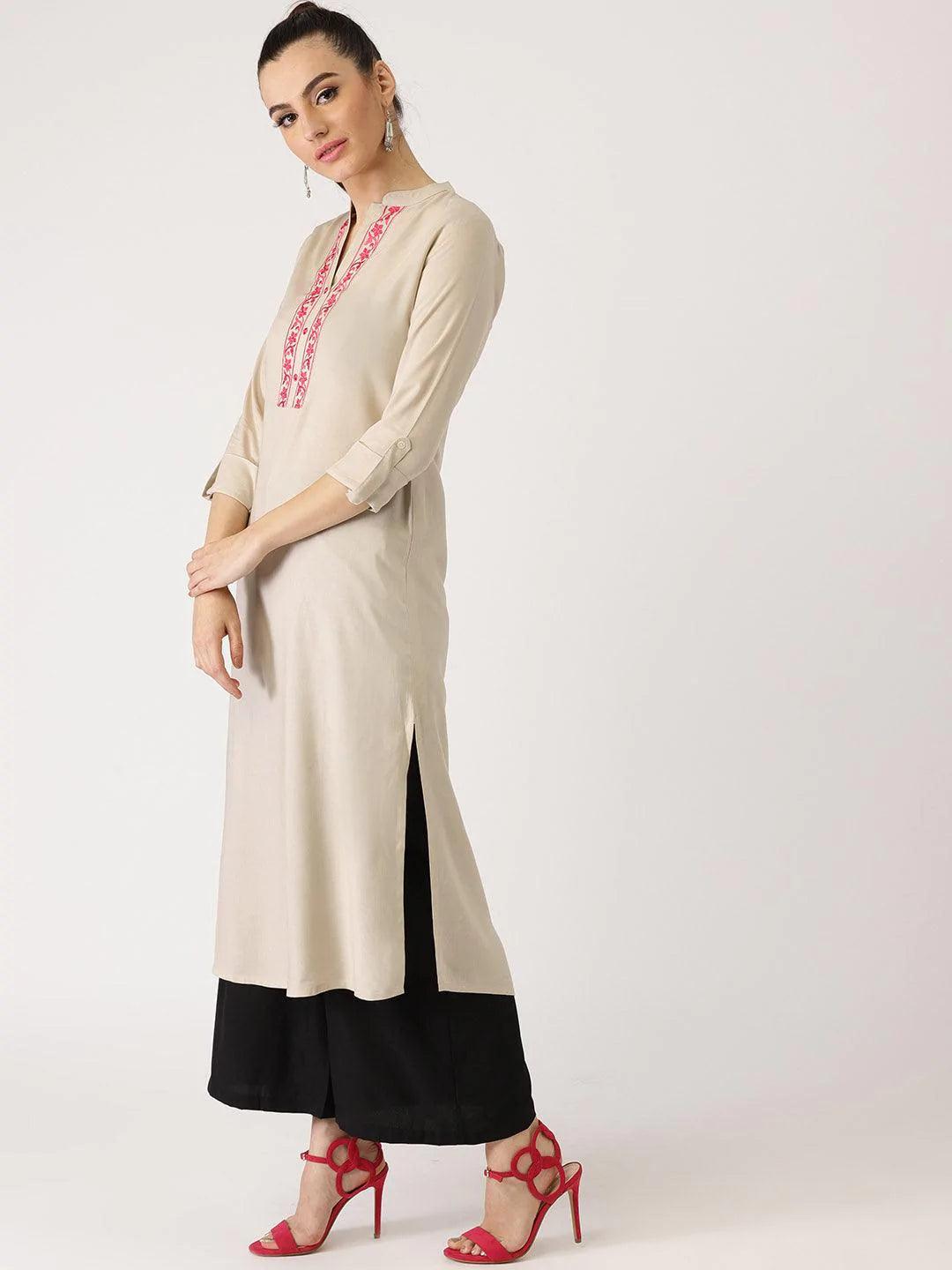 Beige Solid Rayon Kurta