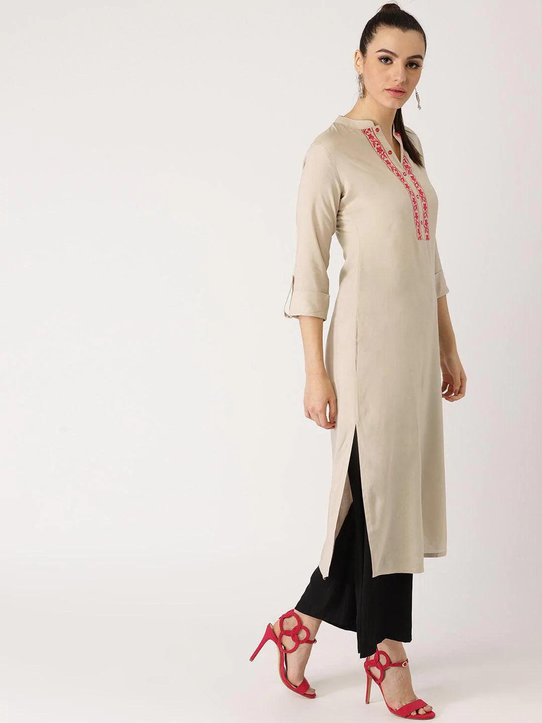 Beige Solid Rayon Kurta