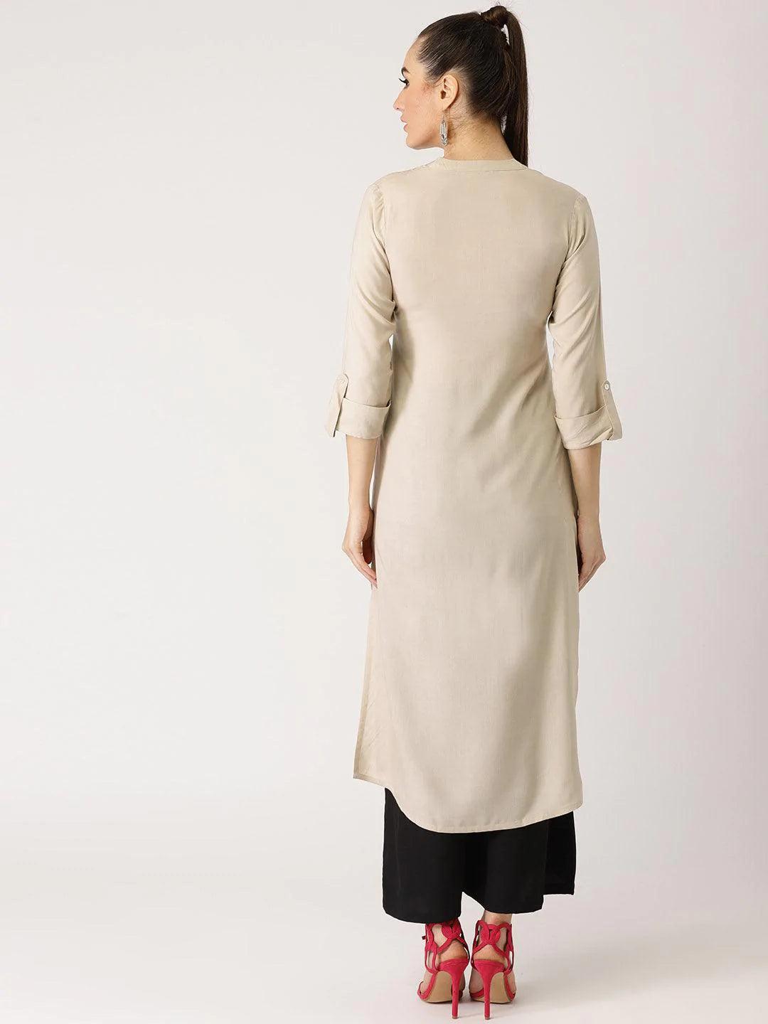 Beige Solid Rayon Kurta