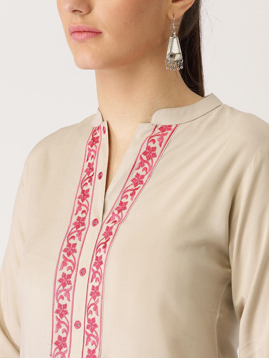 Beige Solid Rayon Kurta