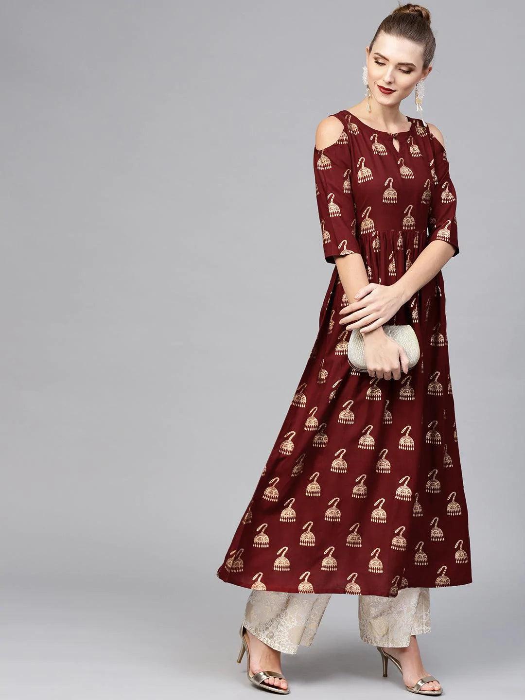 Maroon Printed Rayon Kurta - ShopLibas