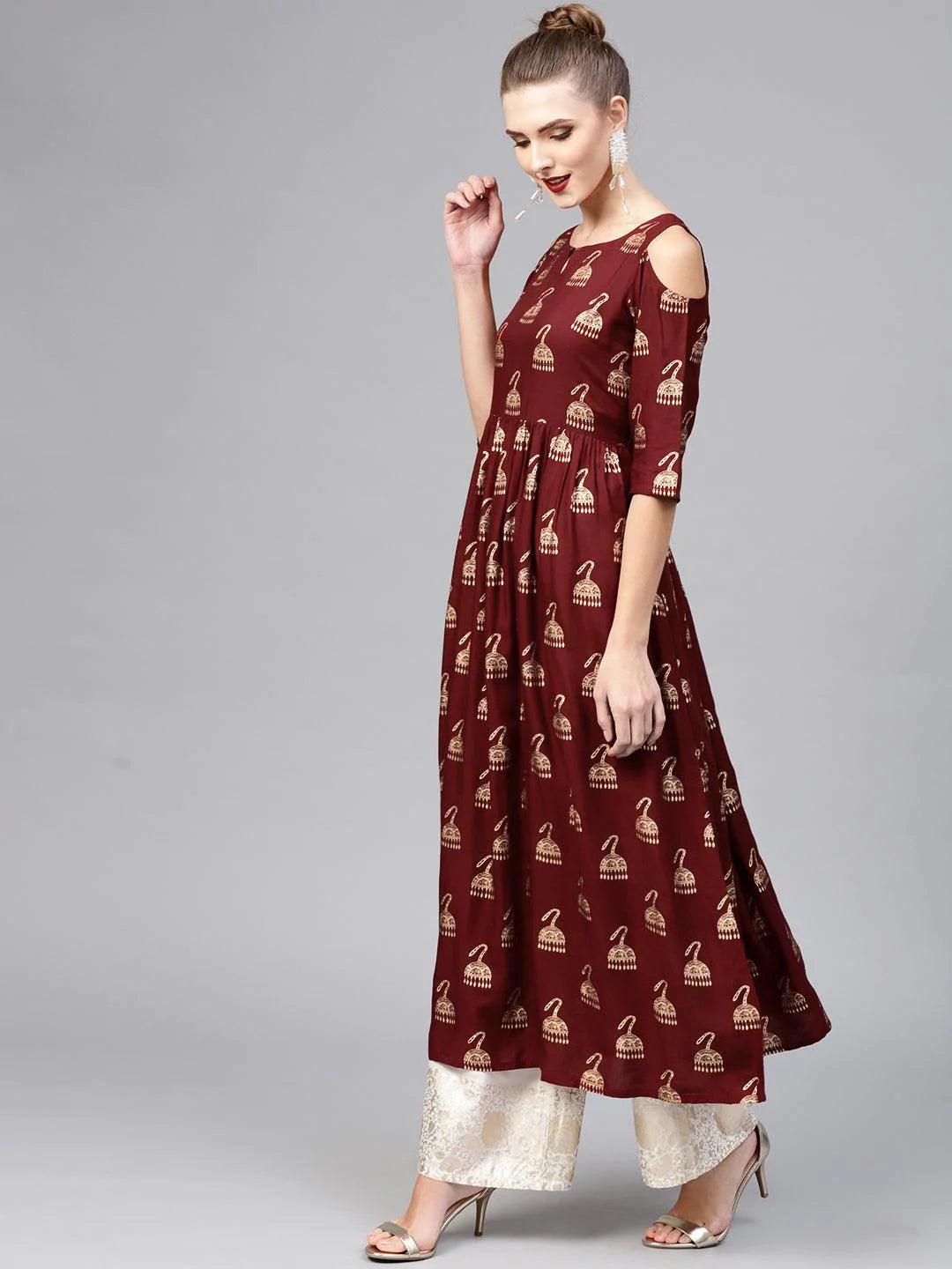 Maroon Printed Rayon Kurta - ShopLibas