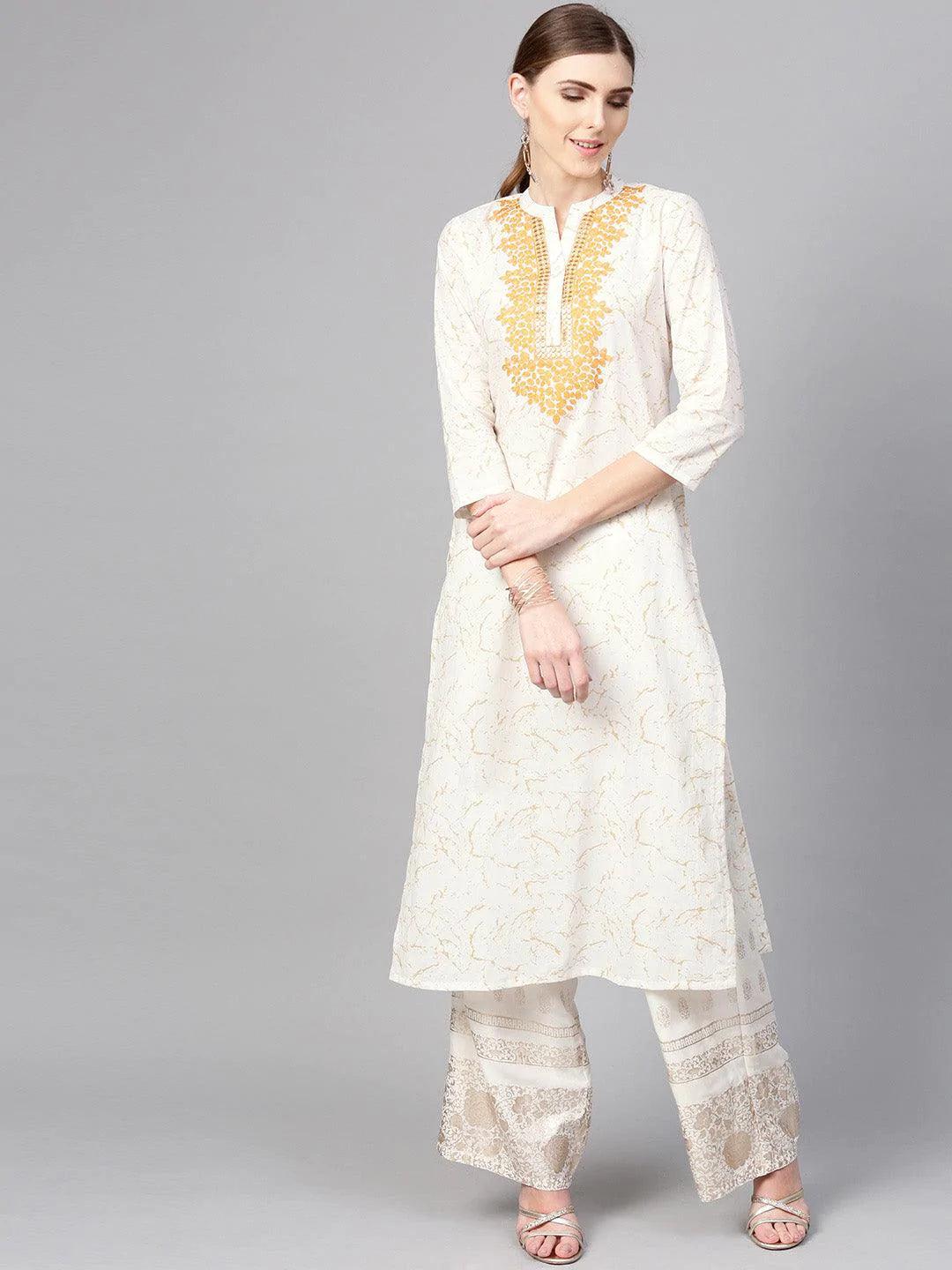 White Printed Cotton Kurta - ShopLibas