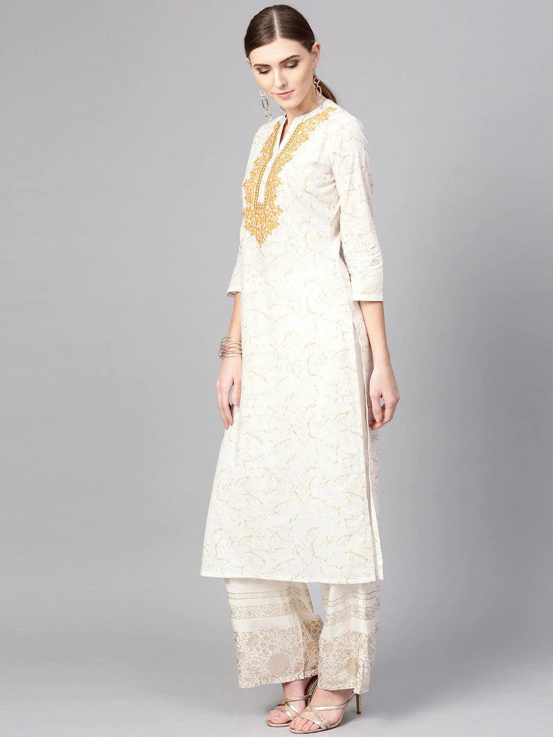 White Printed Cotton Kurta