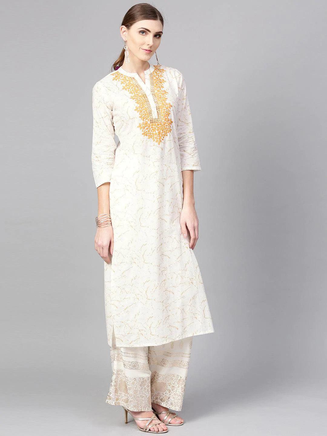 White Printed Cotton Kurta - ShopLibas