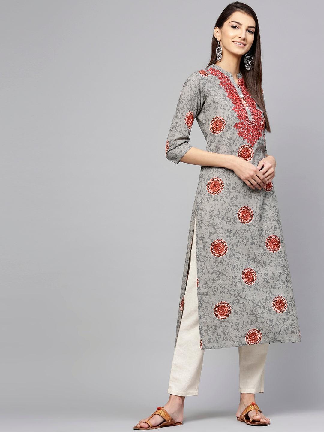 Grey Printed Cotton Kurta