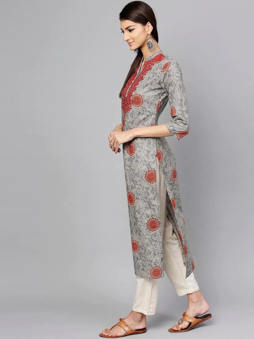 Grey Printed Cotton Kurta