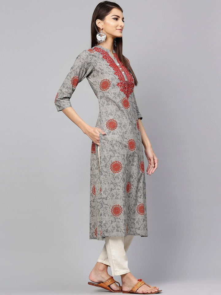 Grey Printed Cotton Kurta - ShopLibas