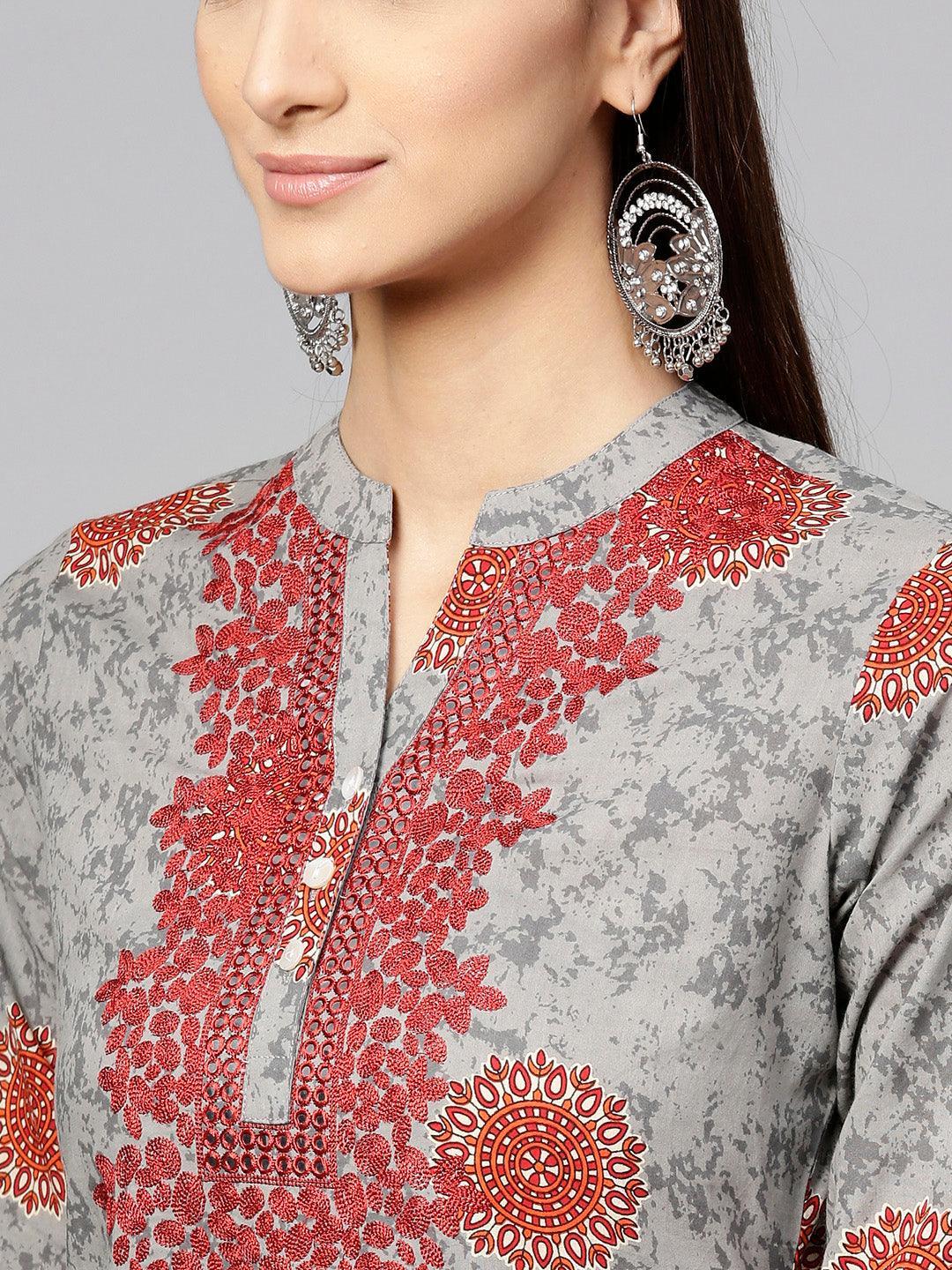 Grey Printed Cotton Kurta