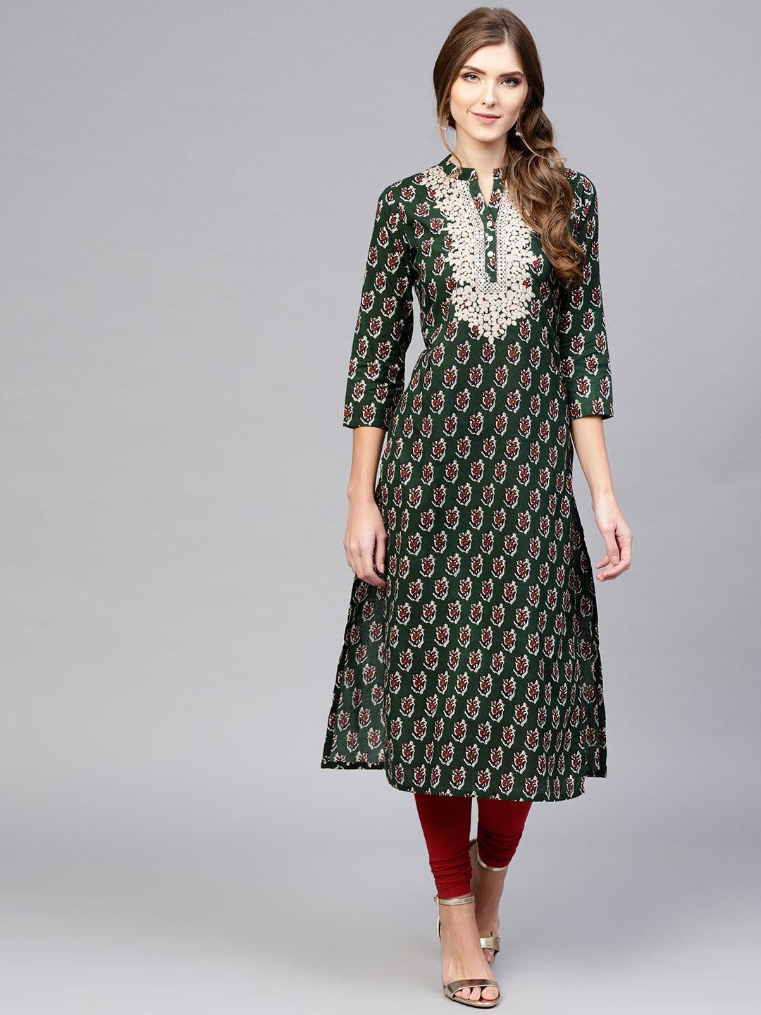 Green Embroidered Cotton Kurta