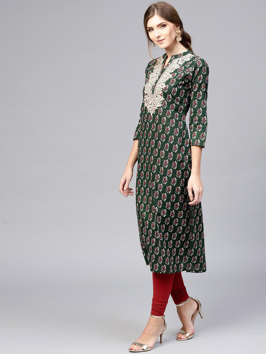 Green Embroidered Cotton Kurta