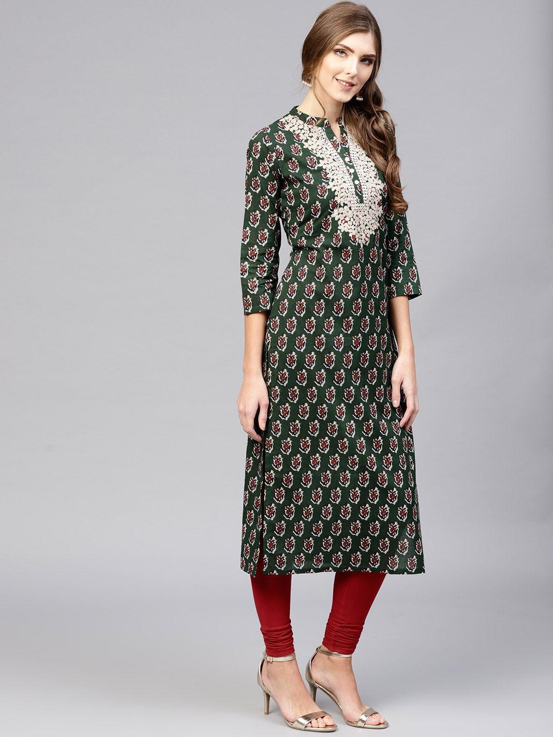 Green Embroidered Cotton Kurta