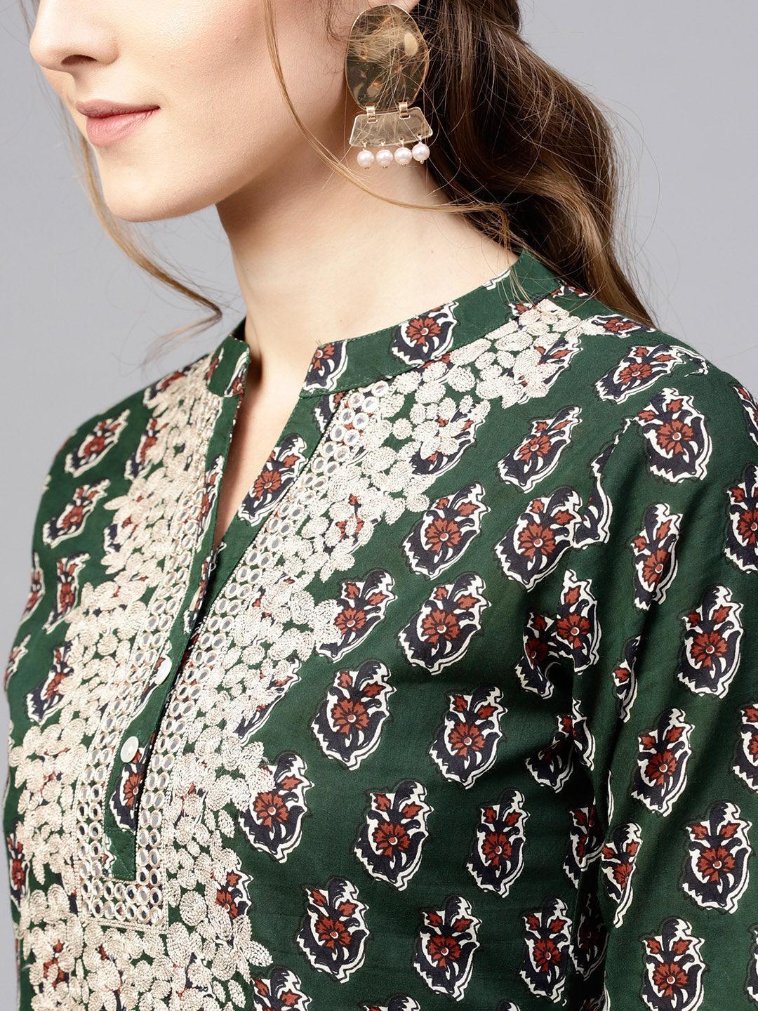 Green Embroidered Cotton Kurta