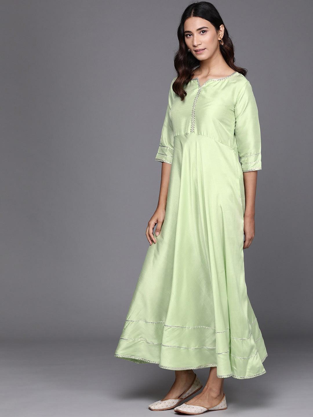 Green Solid Silk Dress With Dupatta - ShopLibas