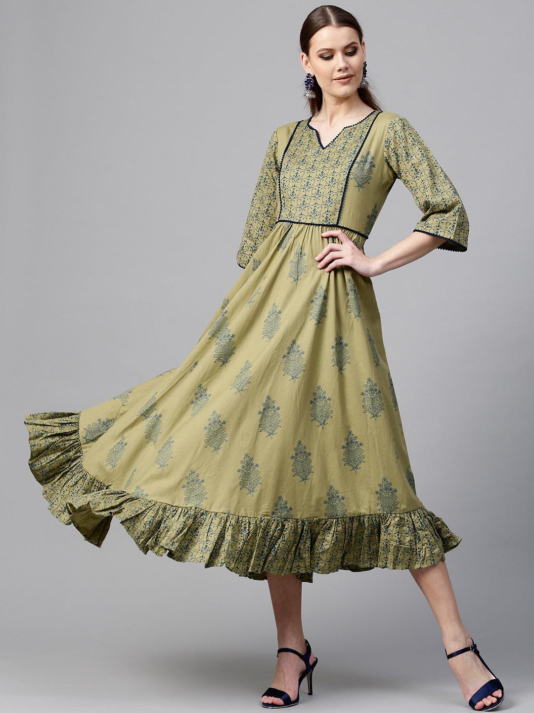 Olive Green Printed Cotton Dress - ShopLibas