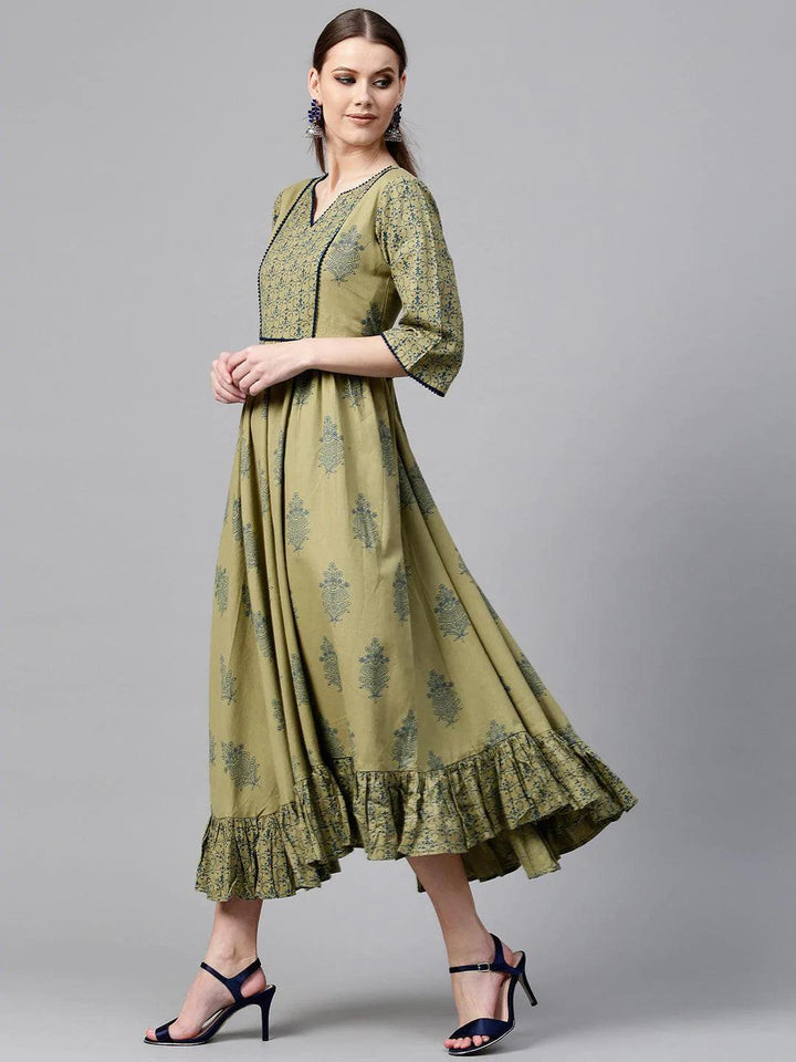 Olive Green Printed Cotton Dress - ShopLibas