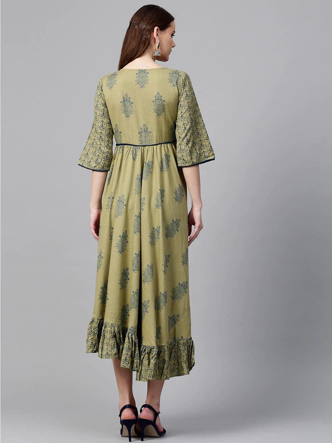 Olive Green Printed Cotton Dress - ShopLibas