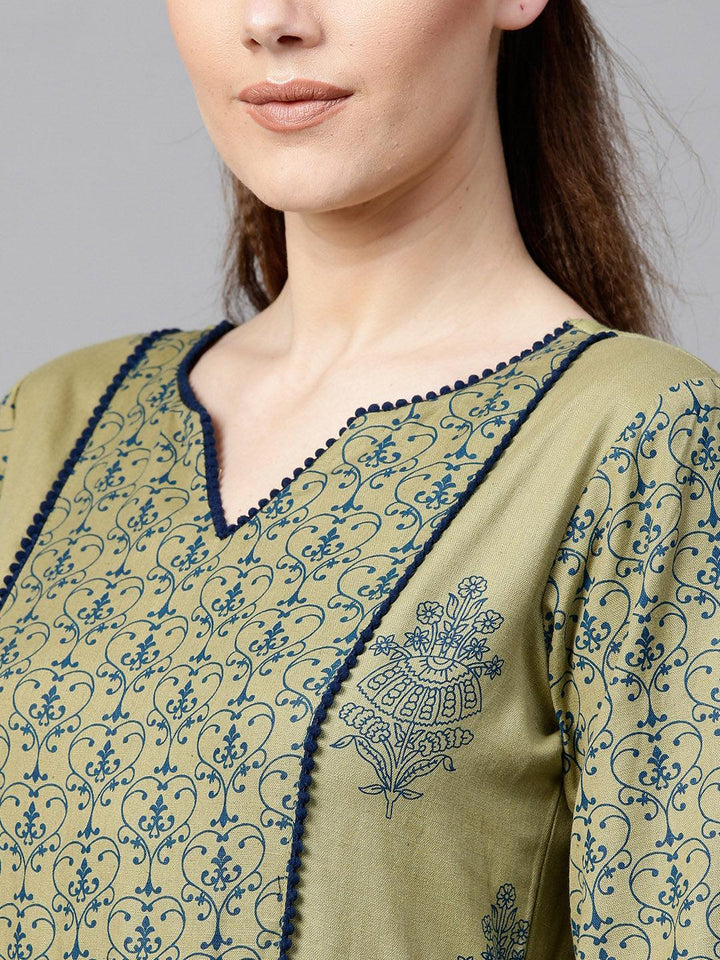 Olive Green Printed Cotton Dress - ShopLibas