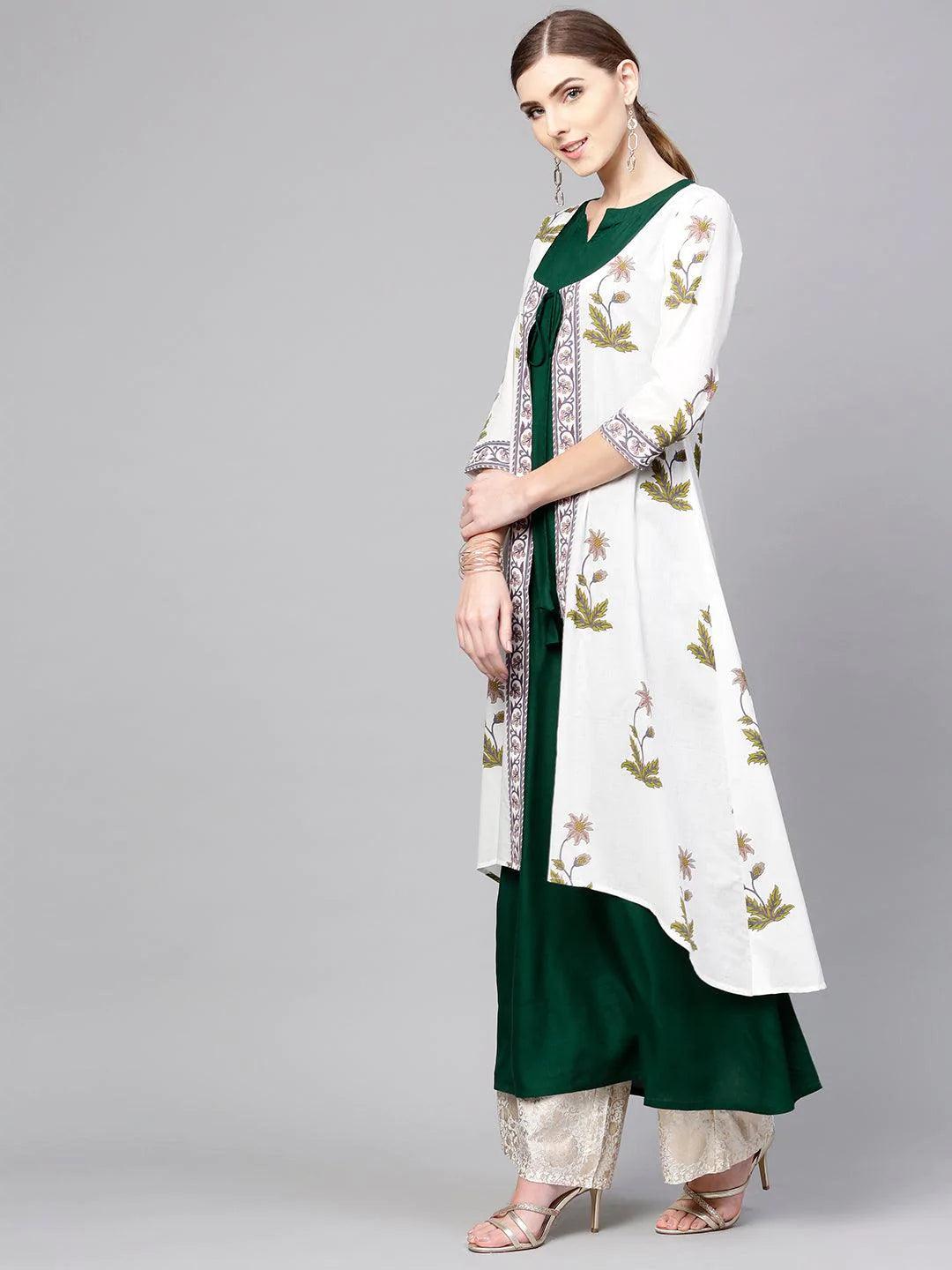 White Printed Cotton Kurta With Jacket - ShopLibas