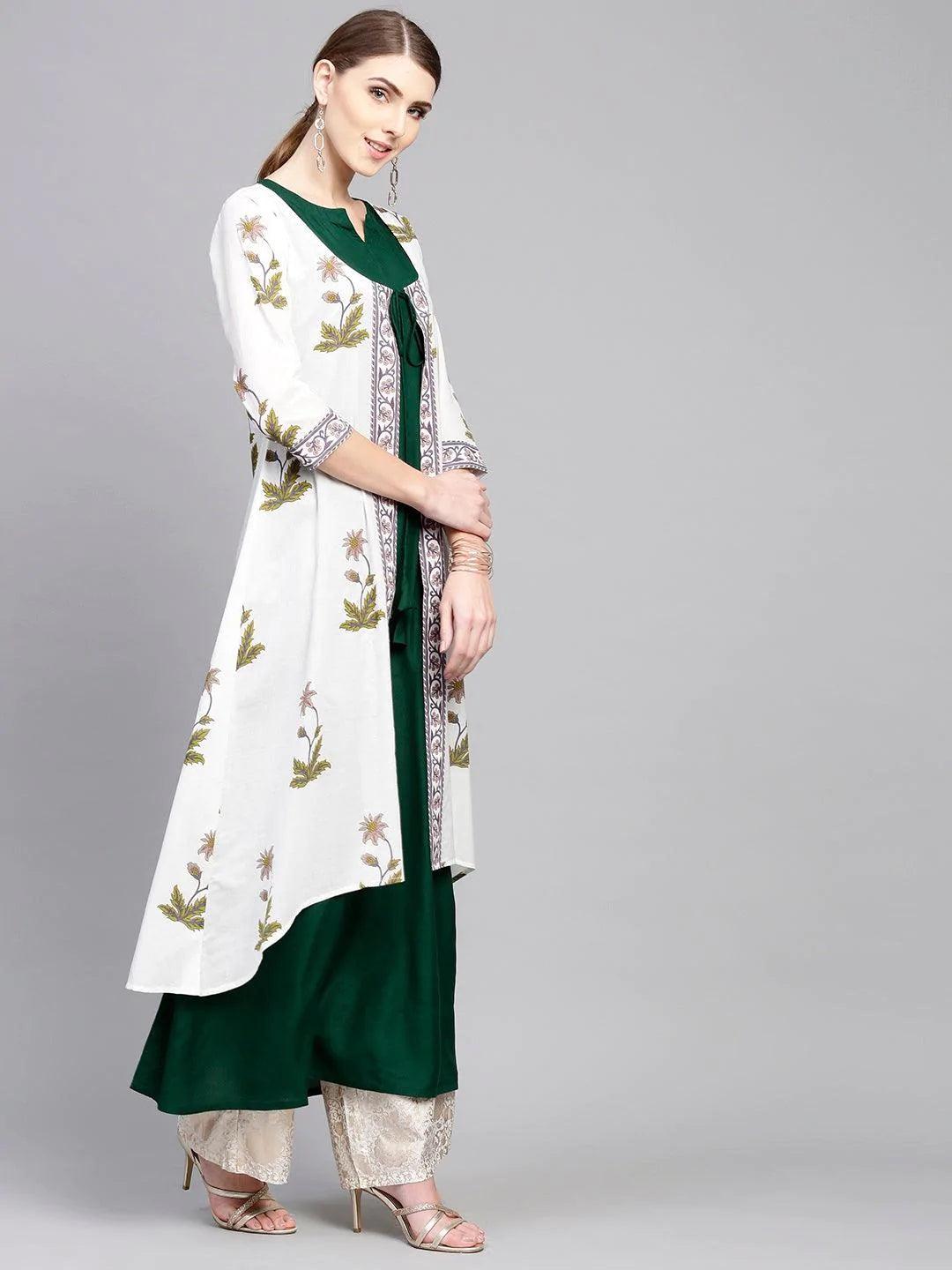 White Printed Cotton Kurta With Jacket - ShopLibas