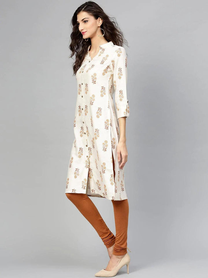 Beige Printed Cotton Kurta - ShopLibas