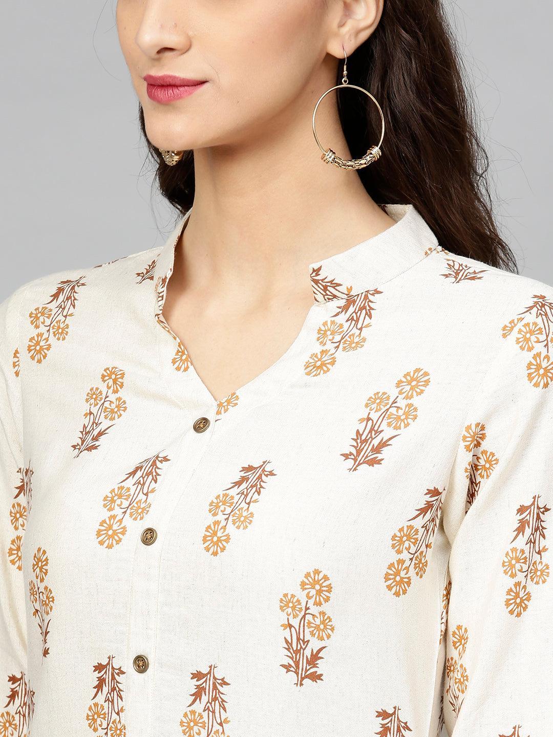 Beige Printed Cotton Kurta - ShopLibas