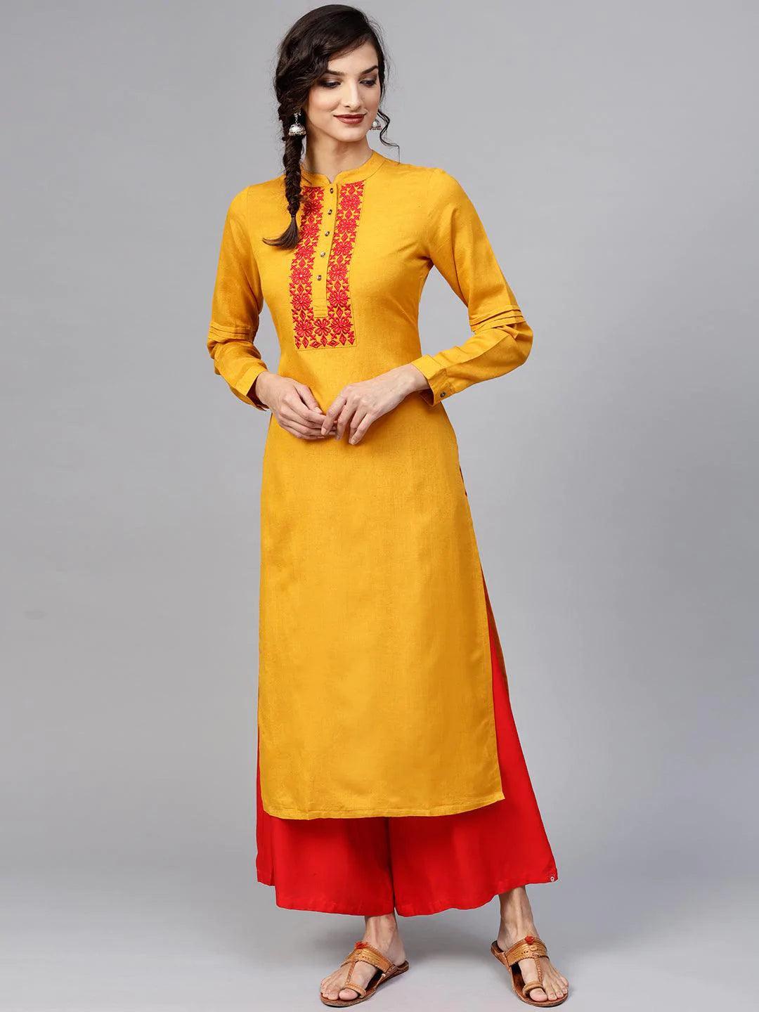 Yellow Embroidered Rayon Kurta