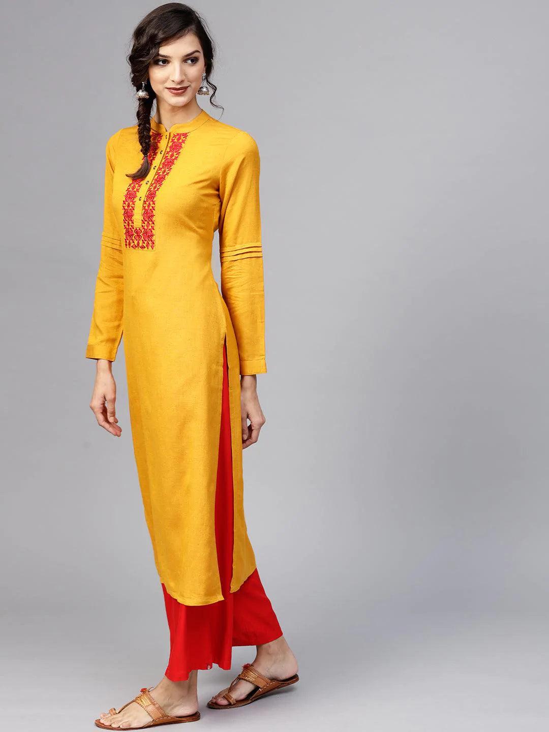 Yellow Embroidered Rayon Kurta