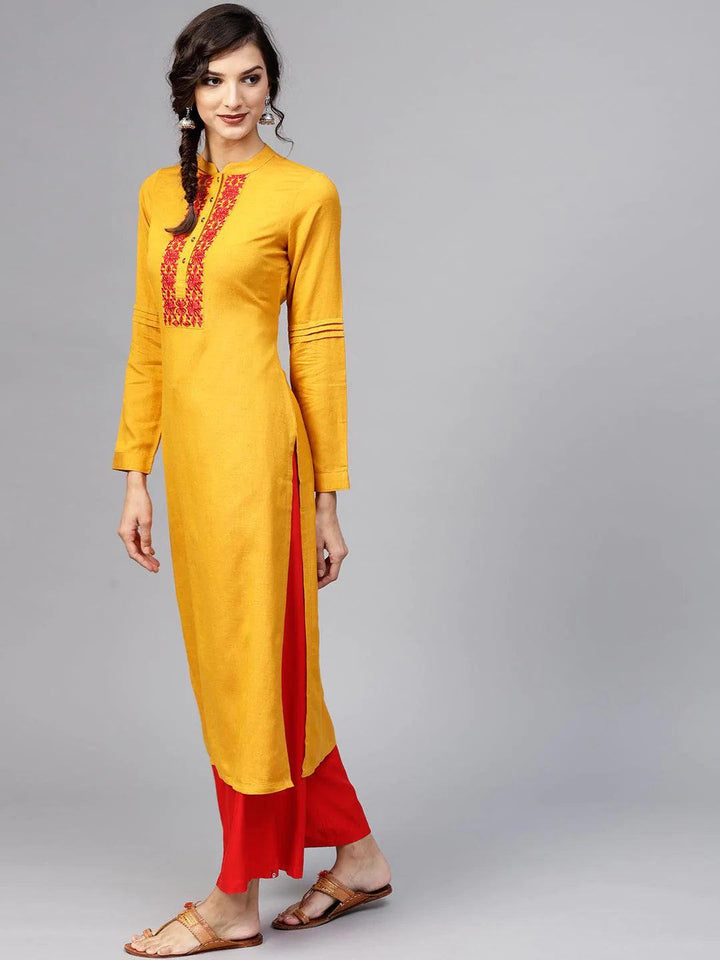 Yellow Embroidered Rayon Kurta - ShopLibas