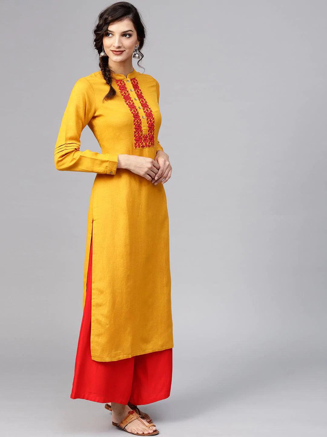 Yellow Embroidered Rayon Kurta